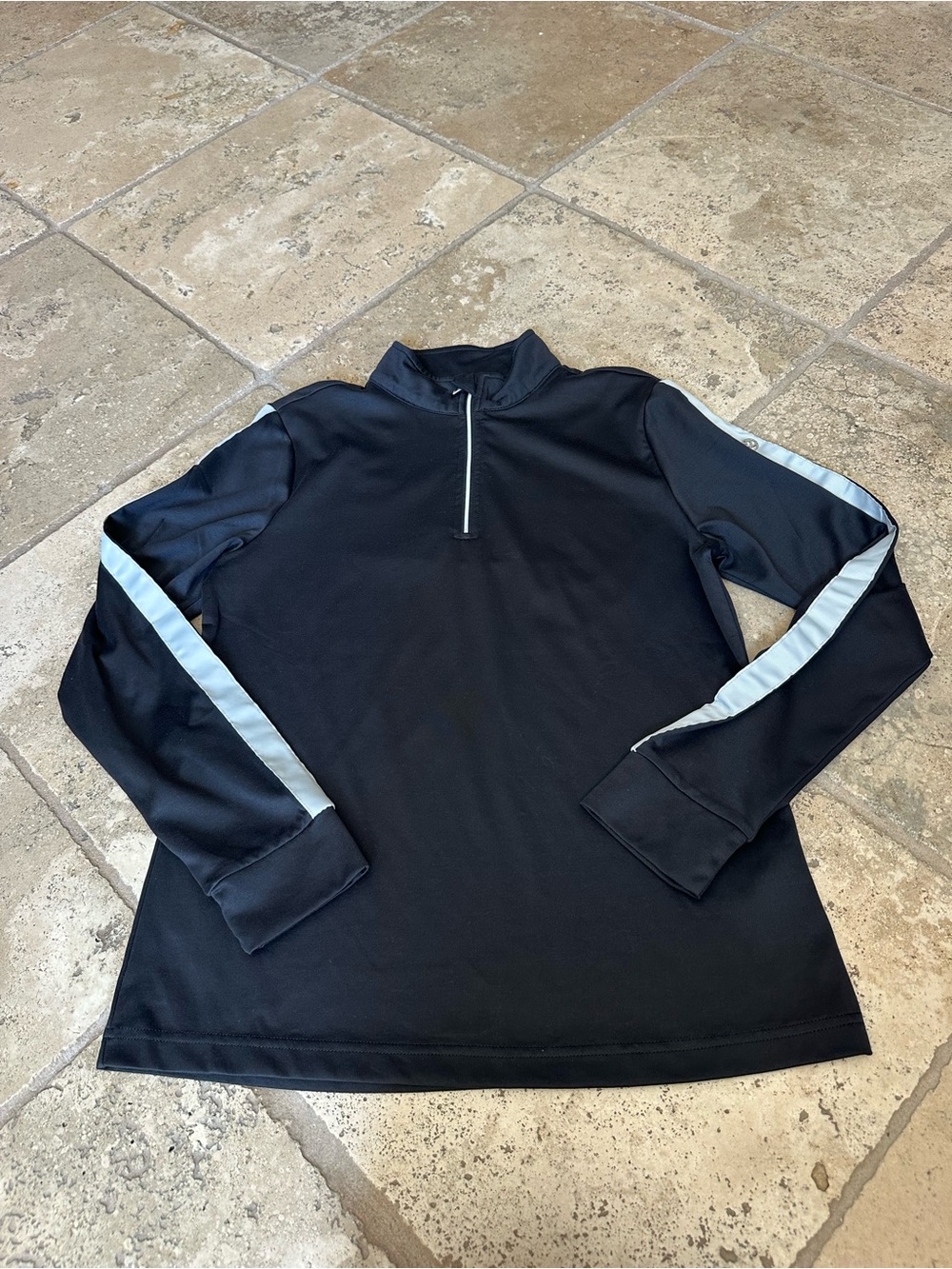 Daily Sports Black Zip-Front Pullover with Light Blue Sleeve Stripes